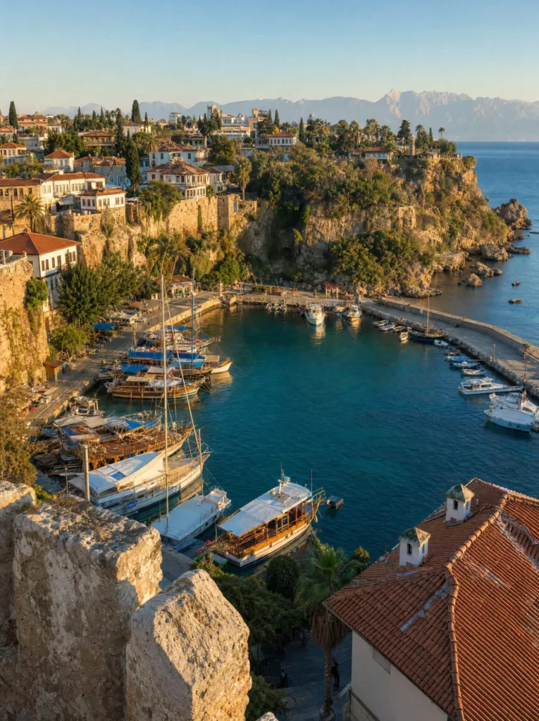 The old harbor of Kaleiçi from the old town walls, gulets below the cliffs