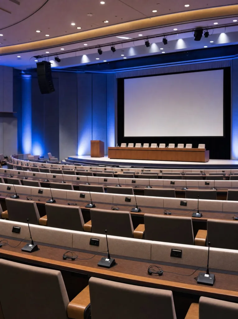 An empty conference plenary hall with rows of desks and microphones before a session