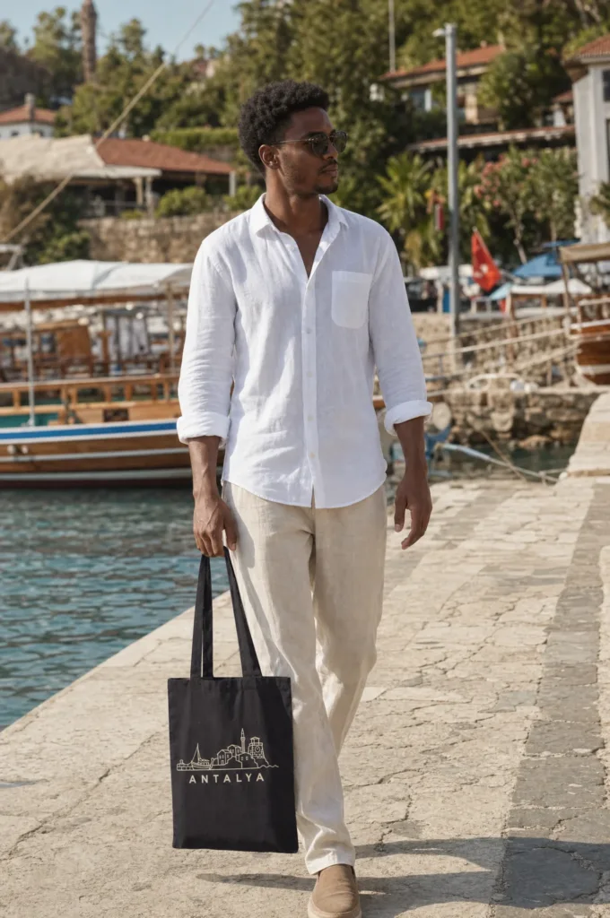 A man carrying a black Antalya tote bag with long shoulder handles along the Kaleici marina