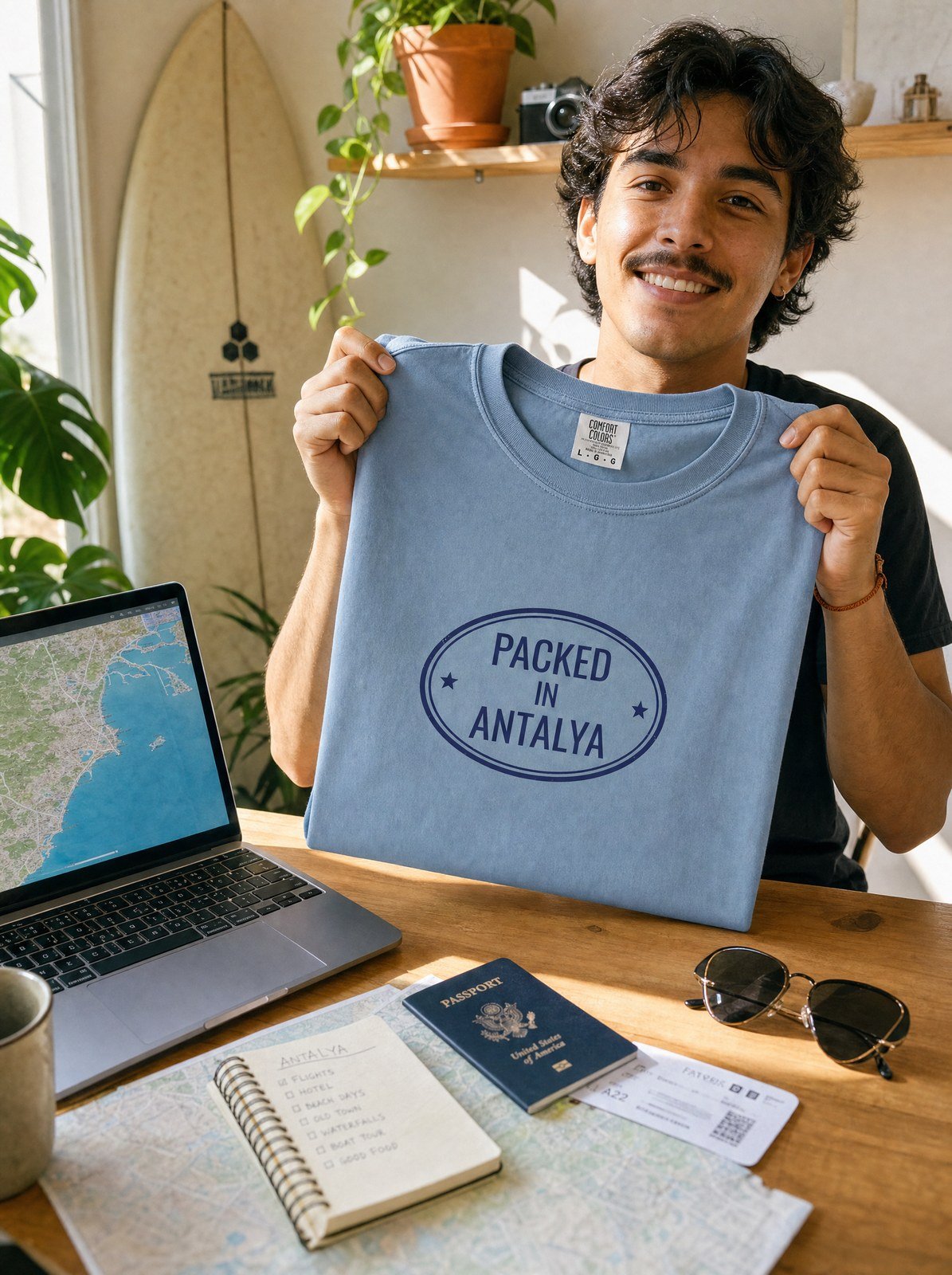 Planning a trip to Antalya at a desk with a laptop and passport, holding the Packed in Antalya tee