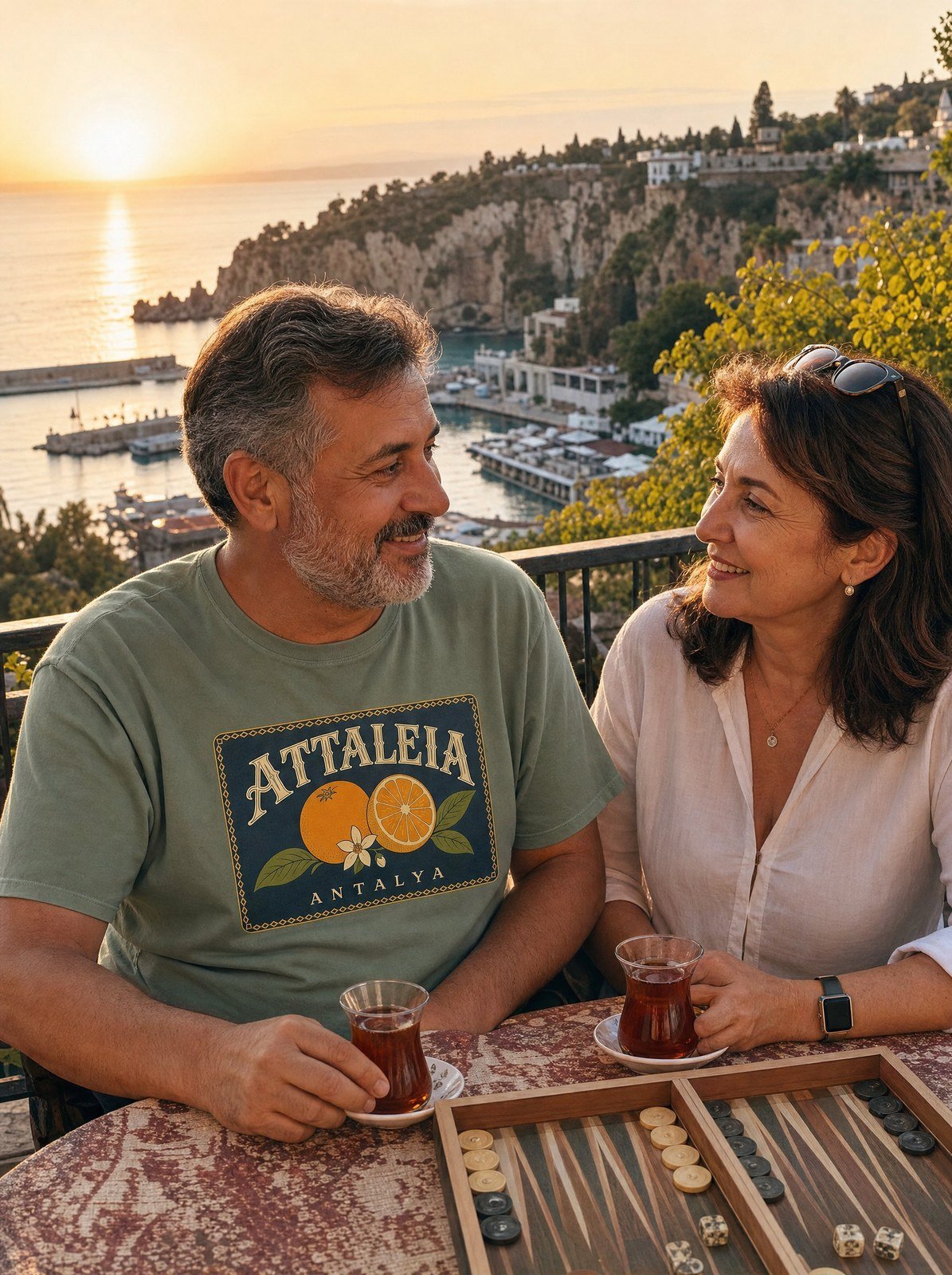 Tea above the old harbor at sunset in the Attaleia Orange Label tee
