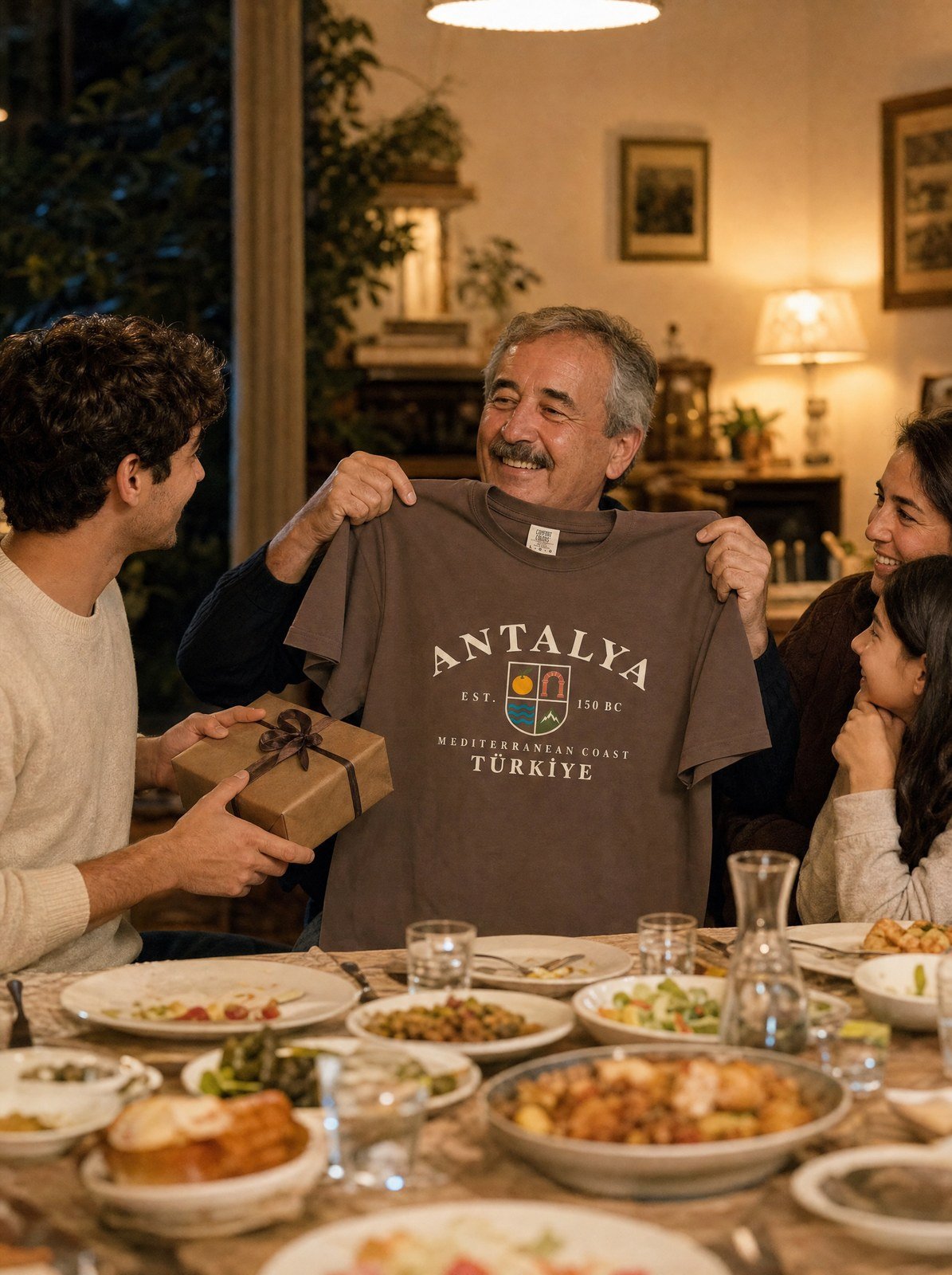 A father receives the Antalya Shield Crest tee as a gift at a family dinner