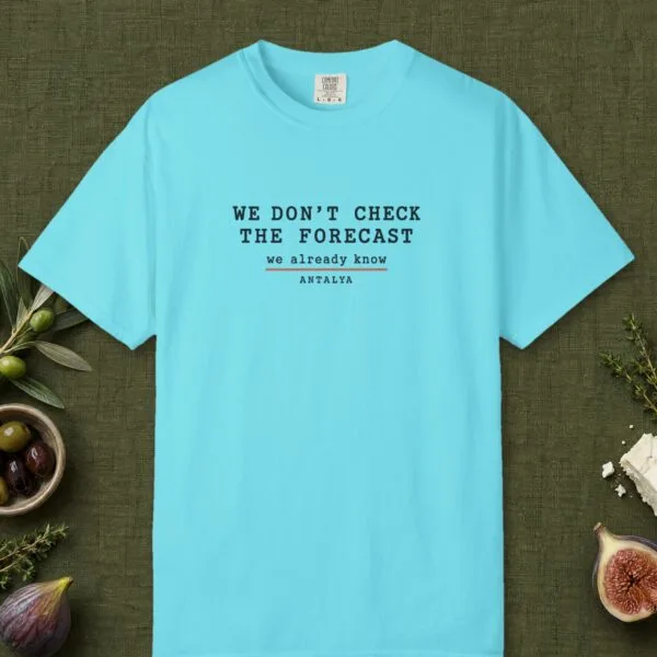 we-dont-check-the-forecast-day-tee-lagoon-blue-front We Don't Check the Forecast Day Tee