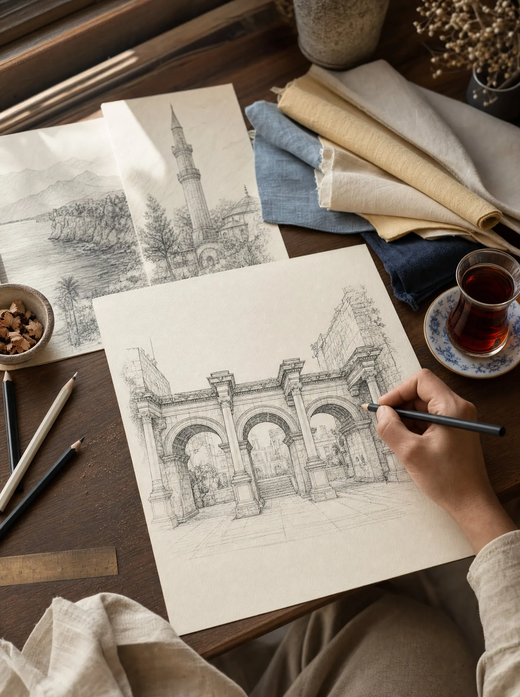 Drawing Hadrian’s Gate by hand at the Antalya.gift design desk