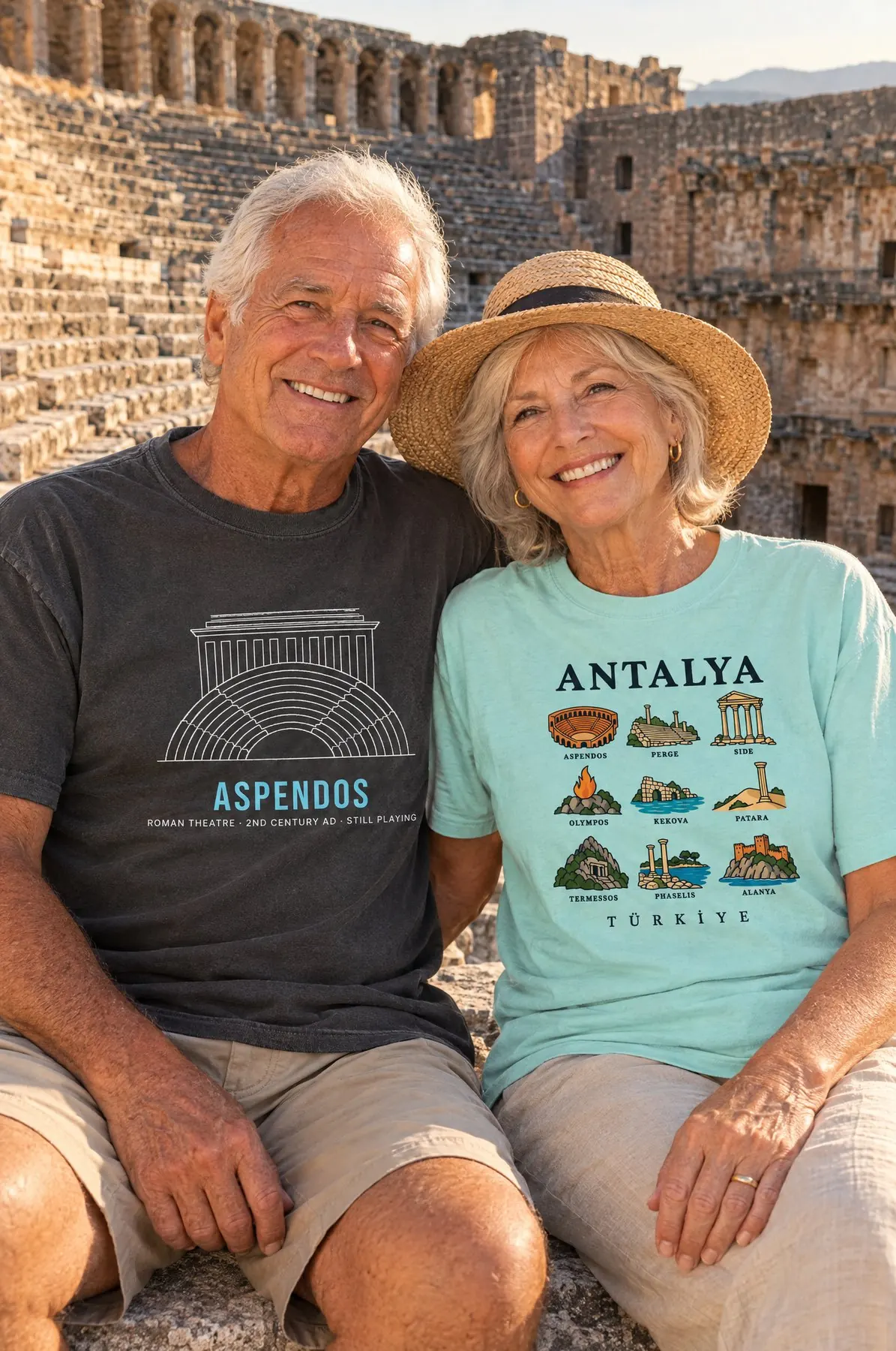 Couple at the Aspendos theatre in the Aspendos and Nine Ancient Sites tees