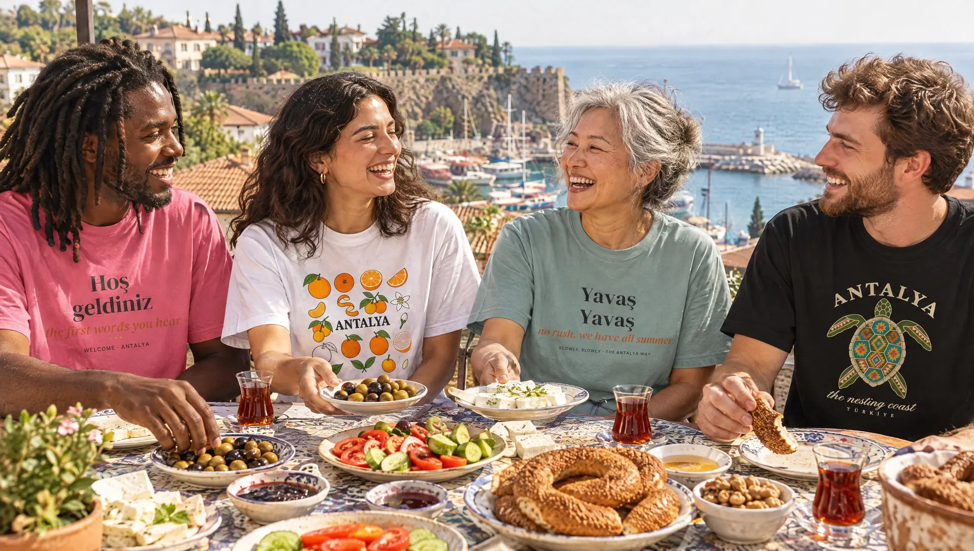 Friends at a rooftop breakfast above Kaleici harbor in Antalya.gift tees
