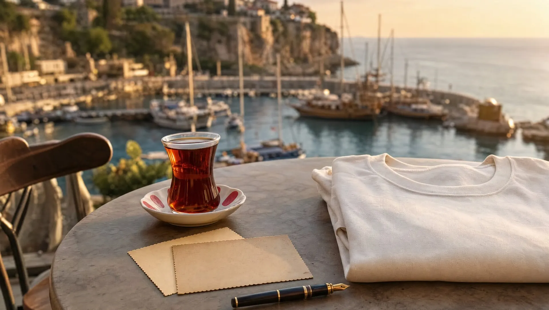 A café table on the Kaleiçi harbor quay: tea, postcards and a folded tee