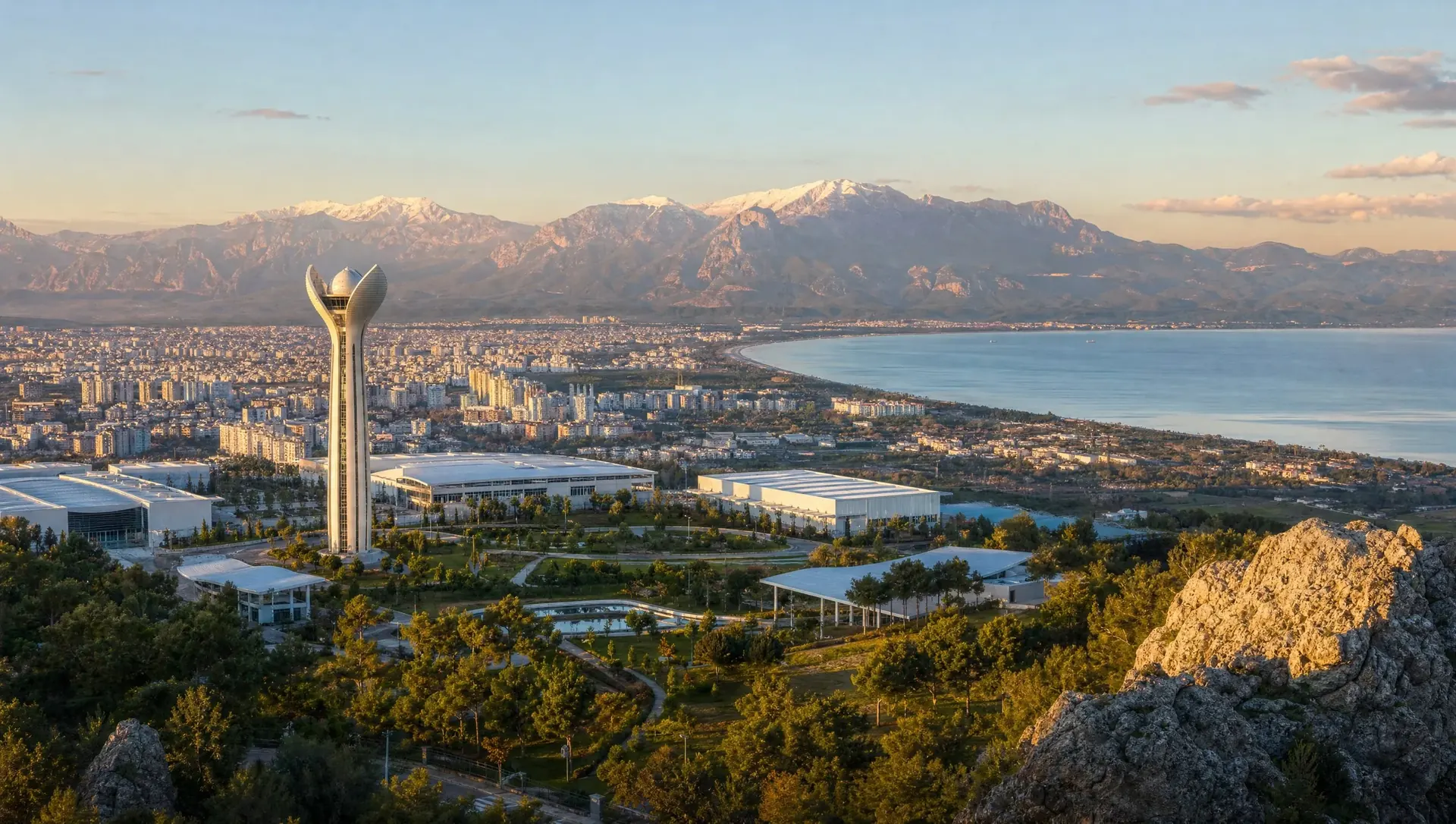 The EXPO grounds in Aksu, the city and the Gulf of Antalya, with the Taurus mountains behind