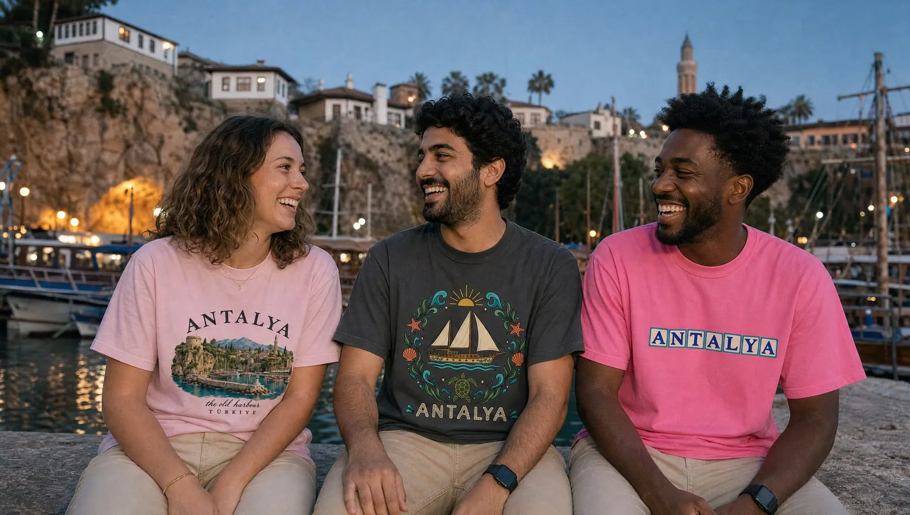 Three friends on the Kaleiçi harbor quay at dusk in Antalya.gift tees