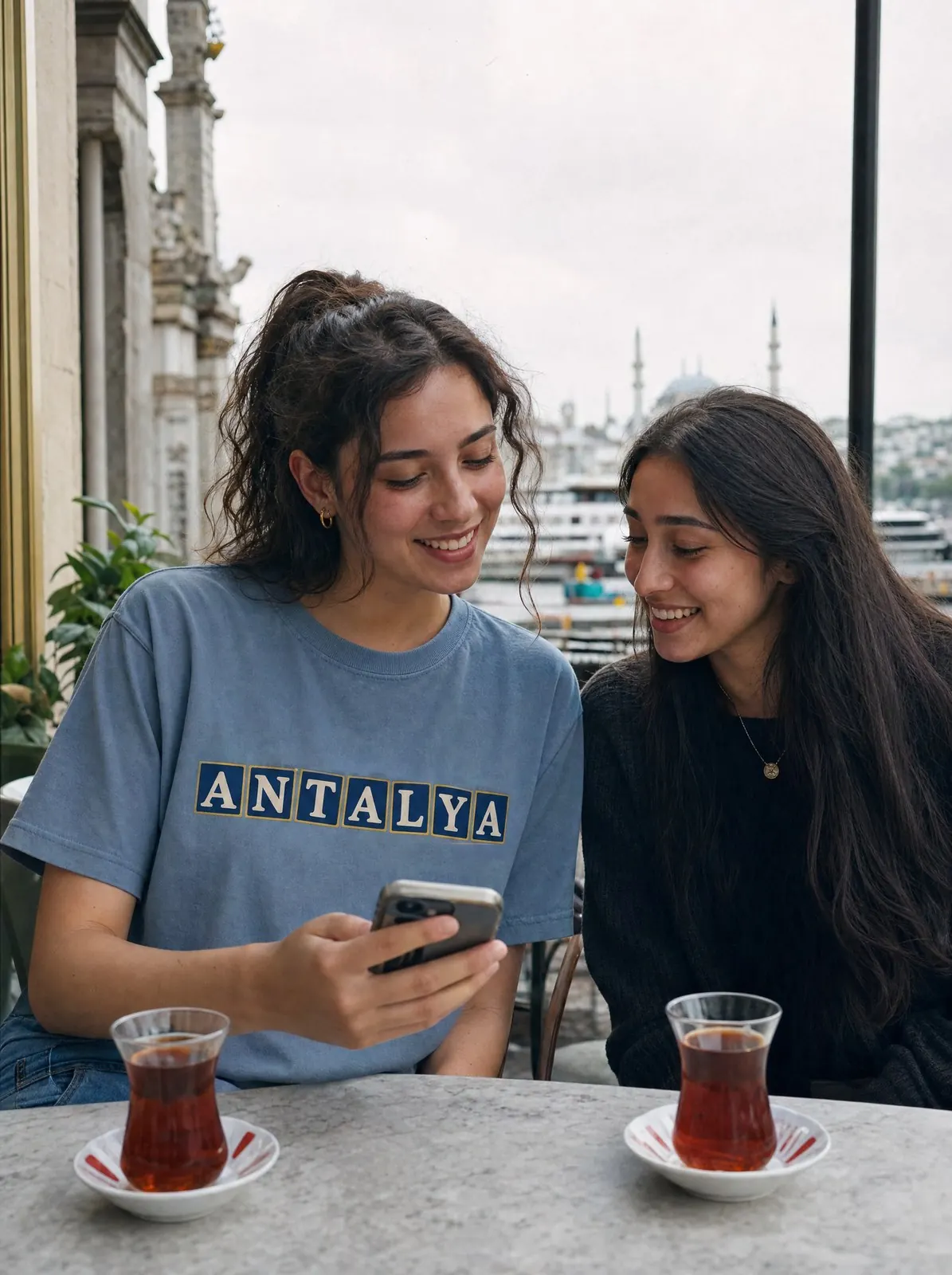 Two friends at an Istanbul café, one in the Antalya Blue Tiles tee showing Antalya photos